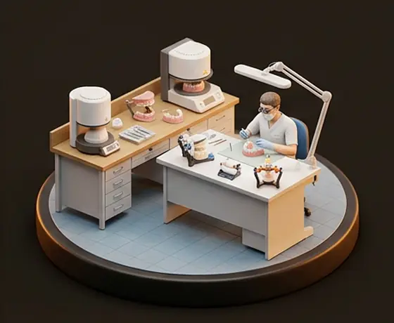 Maqueta isométrica de un laboratorio dental con mesa de trabajo, horno y un técnico.