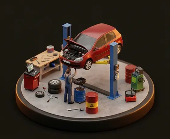 Maqueta isométrica de un taller mecánico con un carro rojo en el elevador y un mecánico.