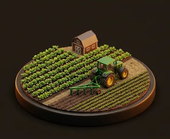 Maqueta isométrica de un campo agrícola con surcos de cultivo, una bodega y un tractor.