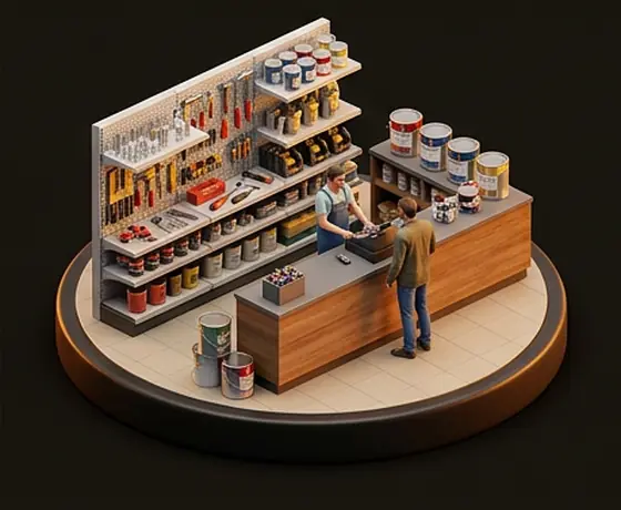 Maqueta isométrica de una ferretería con mostrador de madera, anaqueles de herramienta y botes de pintura.