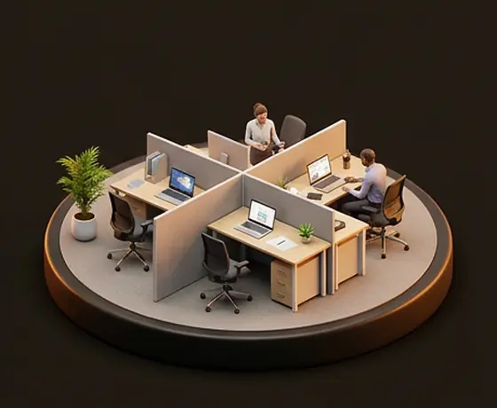 Maqueta isométrica de una oficina con cubículos, escritorios y computadoras.